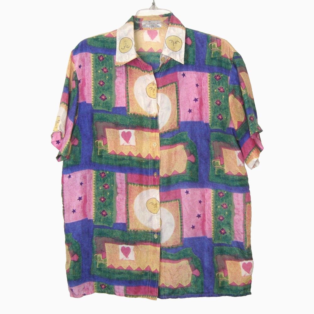 Vintage Snow 100% Washed Silk Short Sleeve Button Up Shirt Retro